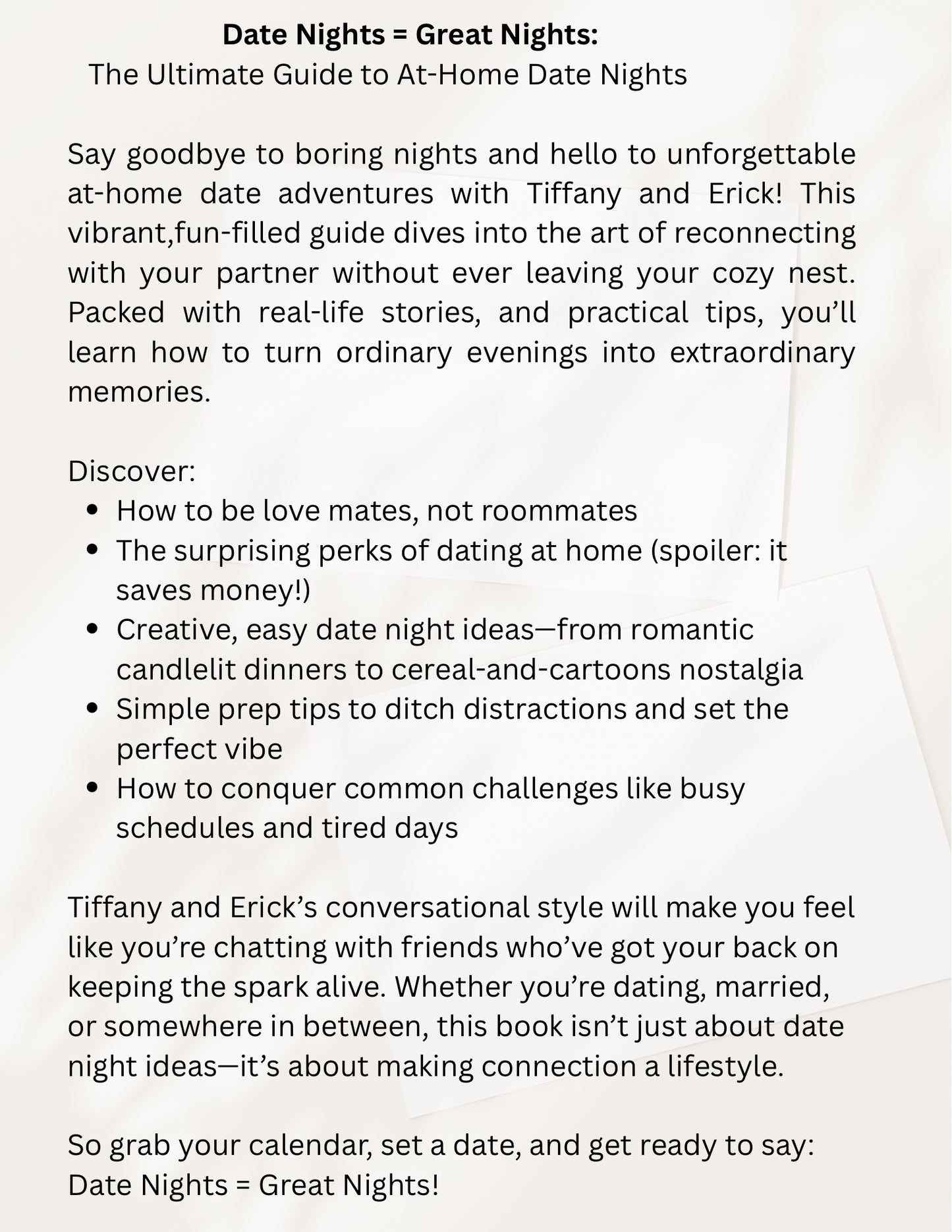 Promotional text for a guide to at-home date nights with Tiffany and Erick.